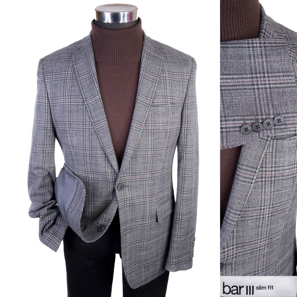 BAR III Blazer Sport Coat Blazer Sz 38R Plaid Gray Poly Blend 2-Button Jacket